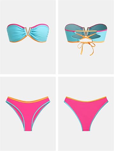 ZAFUL Womens Bandeau Bikini V Strapless Confetti Colorblock Tie Back High Cut Two Piece Swimsuit Bathing Suits