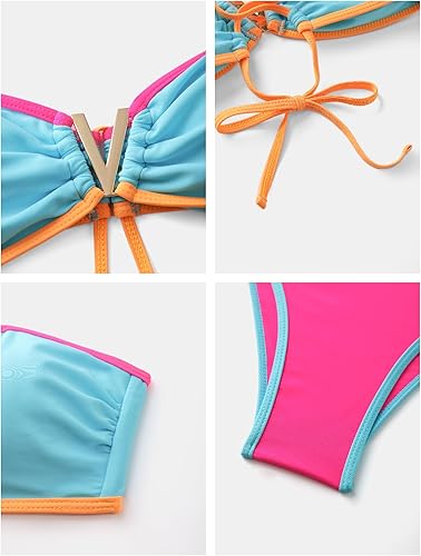 ZAFUL Womens Bandeau Bikini V Strapless Confetti Colorblock Tie Back High Cut Two Piece Swimsuit Bathing Suits