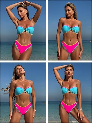 ZAFUL Womens Bandeau Bikini V Strapless Confetti Colorblock Tie Back High Cut Two Piece Swimsuit Bathing Suits