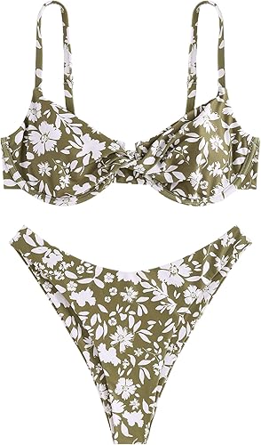 ZAFUL Womens Twist Front Bikini Sets Underwire Tie Back Bikini High Waisted Two Piece Swimsuit